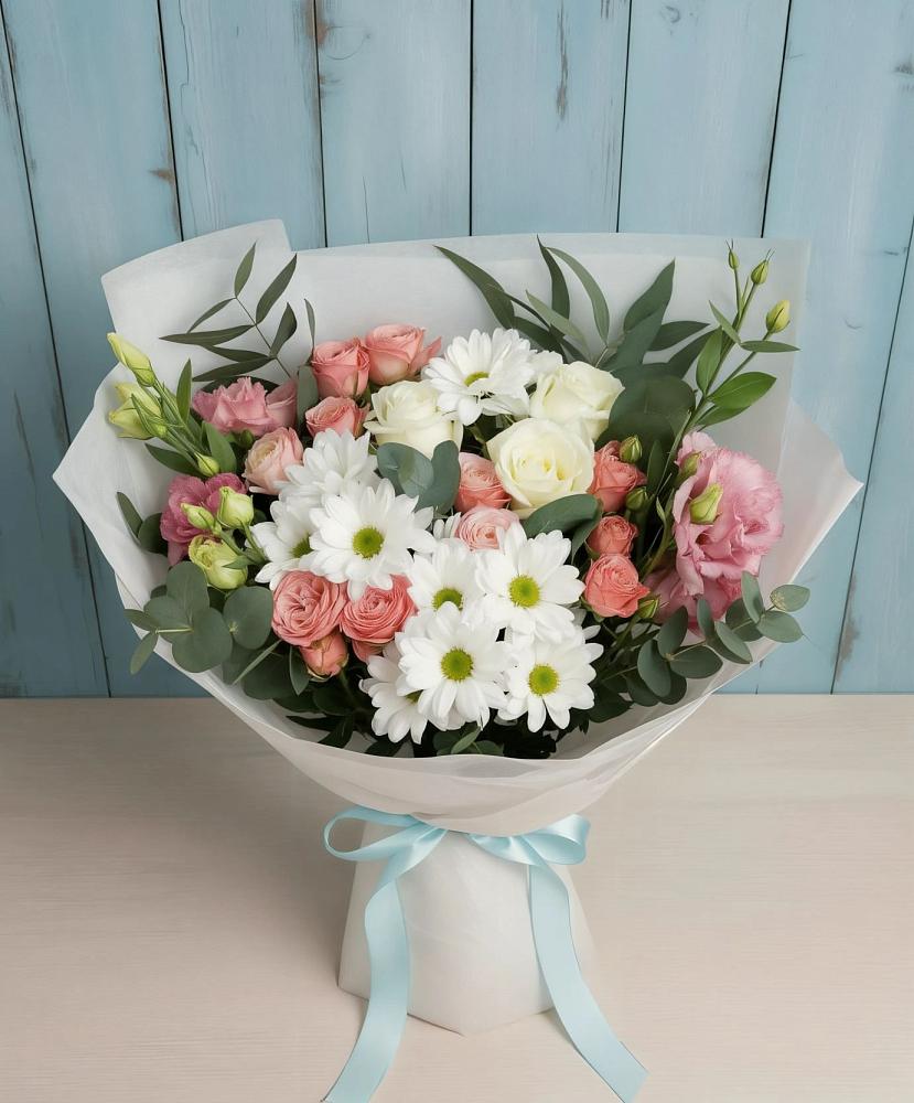 Букет цветов из: Розы, Лизиантусы и Хризантемы в Белосельском