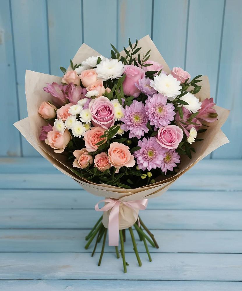 Букет цветов из: Хризантемы, Розы и Альстромерии в Белосельском