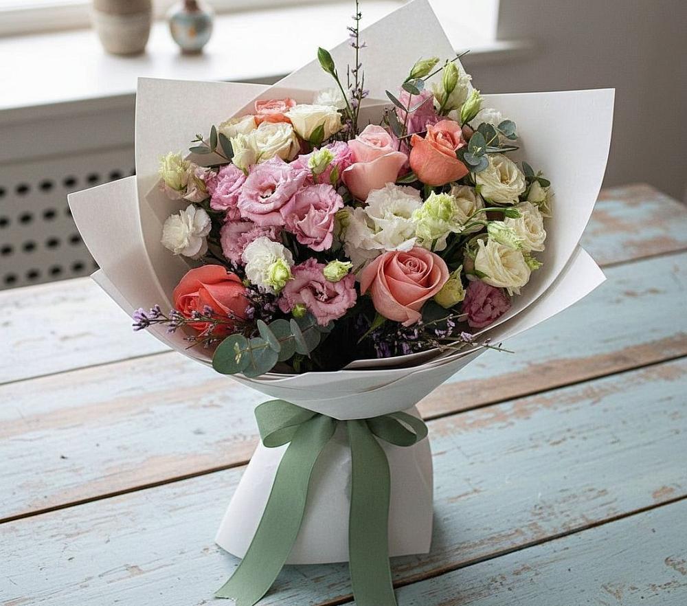 Букет цветов из: Розы, Лизиантусы и Гвоздики в Белосельском