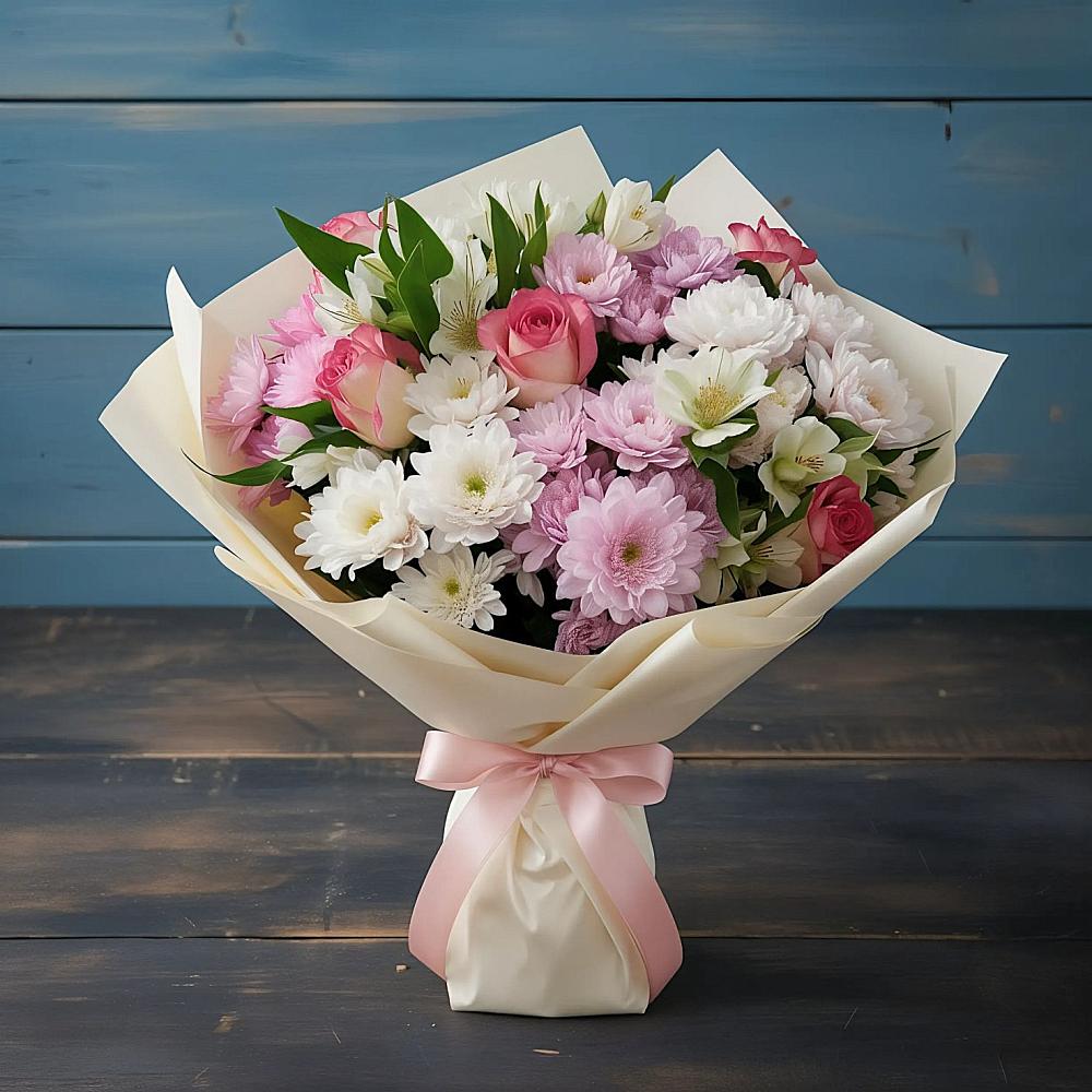 Букет цветов из: Хризантемы, Альстромерии и Розы в Белосельском